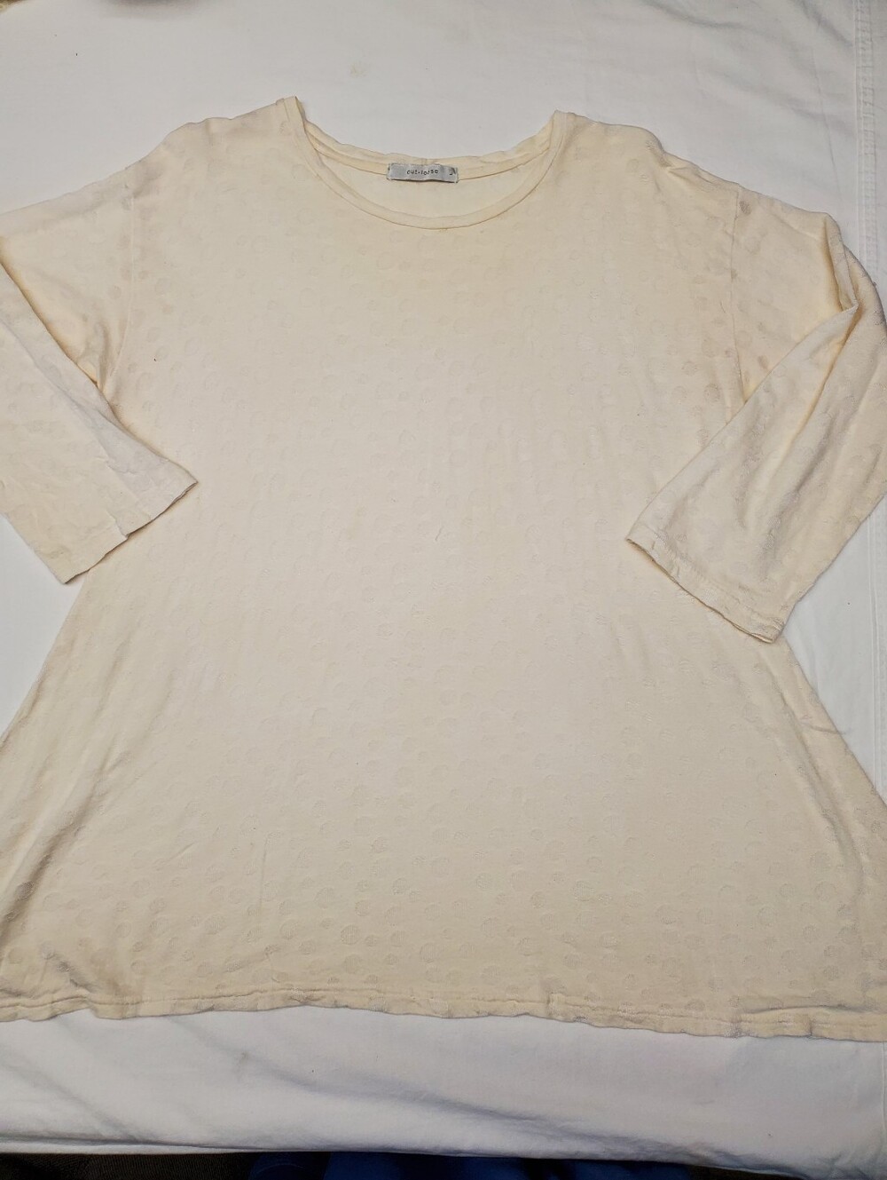 Cut Loose Top Size L Cream Ivory Dot Jacquard Texture 3/4 Sleeve Relaxed Boho